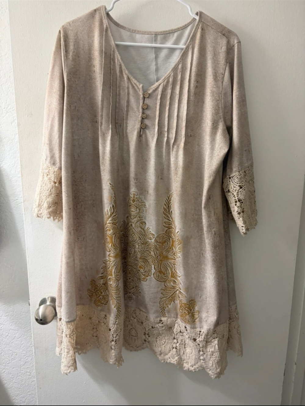 Beige Embroidered Lace-Trim Tunic Dress
